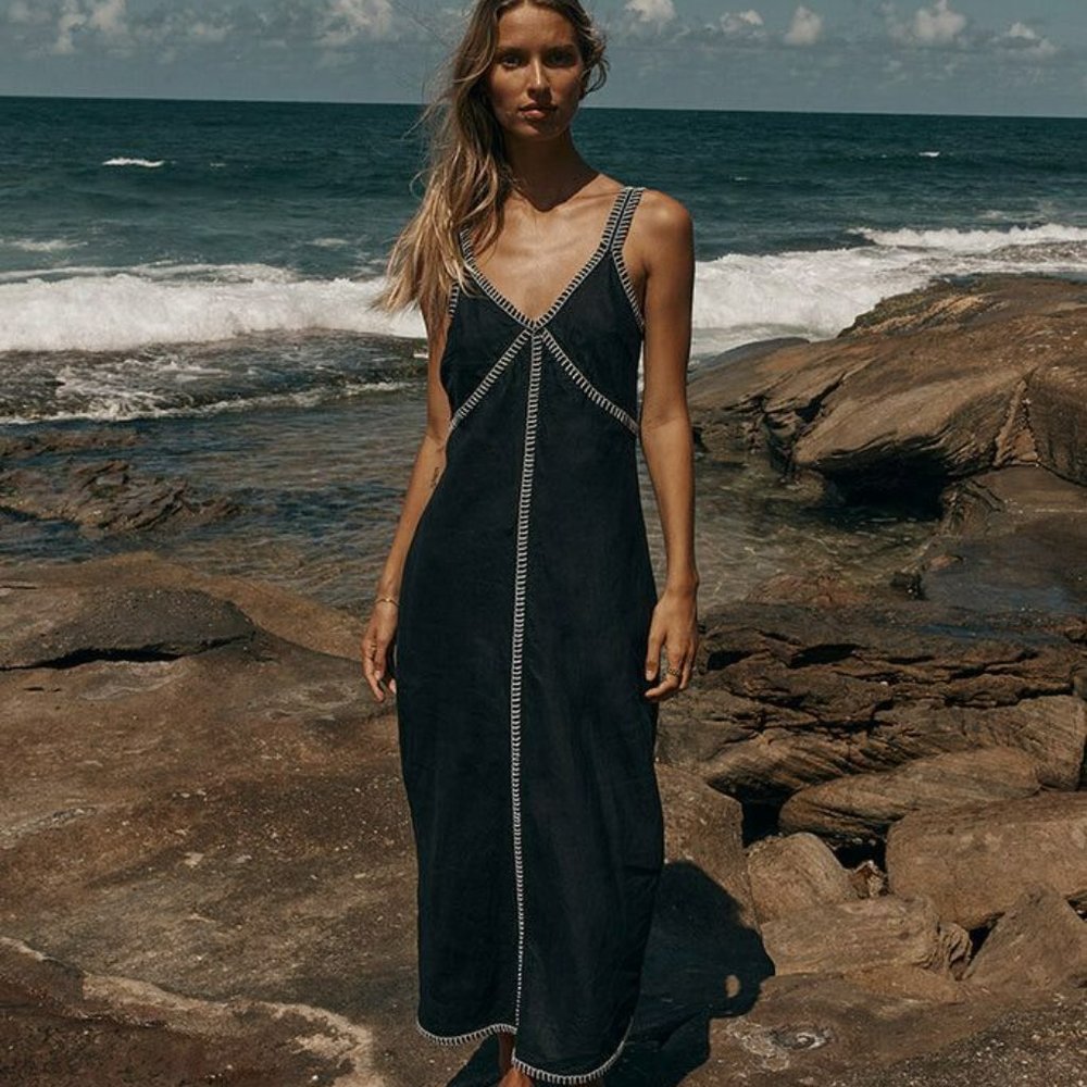 Dissh - BELLA BLACK LINEN SLIP MIDI DRESS - US 2